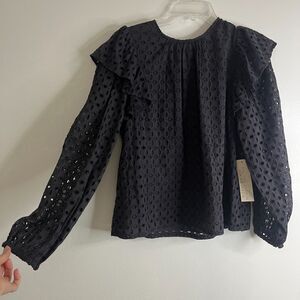 Happy x Nature Kate Hudson Women's Sz M Gray Eyelet Puff Sleeve Ruffled Top NWT